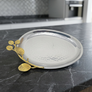Oval Polished Metal <b>Serving</b> <b>Tray</b> With <b>Gold</b> Leaf Decorative Handle Residential Use Decorative Finish - Product Image 5