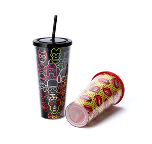 Gobelet isotherme à double paroi en plastique fantaisie de 24 oz avec couvercle et paille - Product Image 5