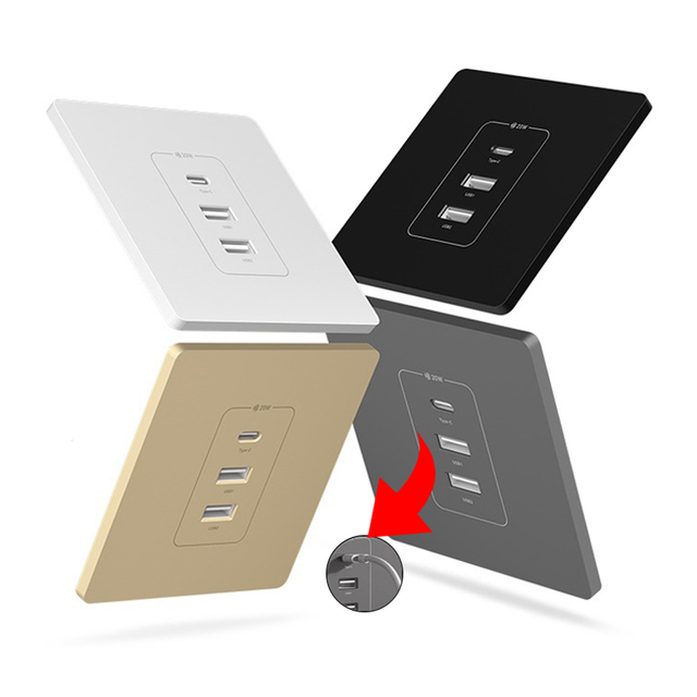 Universal 3-port Super Fast Smart Charging Double USB Wall Socket,20W Type-c USB Plug Adapter,UK 220V PC Power Electrical Socket