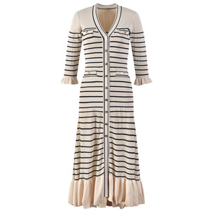 <span class=keywords><strong>Sandro</strong></span> Dress <span class=keywords><strong>Primavera</strong></span> y verano Nuevo francés Slouchy Mujeres Vestido Moda Rayas Vestido de punto Cuello en V Slim-Fit MIDI Falda - Product Image 1