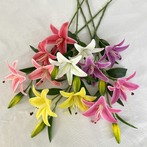 Bouquet de fleurs artificielles Queyiyi, lys en silicone souple de 90 cm, décoration de mariage et de maison, rose, blanc, jaune, violet - Product Image 1