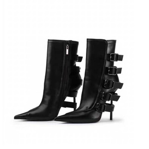 Big Size 46 Women's Back Metal Buckles Short Boots Slim High-Heeled <b>Pointed</b> Toe Ankle Booties Straight Upper Side Zipper Shoes - Product Image 6