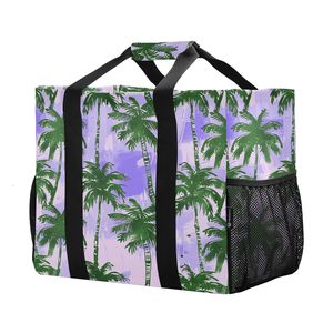 Low Moq Black Handles Canvas Fabric Grocery Shopping Bag <b>Large</b> Tropical Palm Tree <b>Print</b> Beach Tote Bag With Mesh Side Pockets - Product Image 1