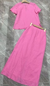 Completo Set Abito Lungo di Alta Qualità Nuovo 2026 Primavera Estate Designer Abbigliamento Donna: Top Bianco Rosa a <span class=keywords><strong>Maniche</strong></span> Corte + Gonna Lunga in Lino - Product Image 6