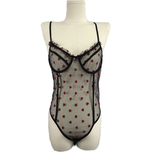 Body sexy transparente con aros y estampado de corazones para mujer, diseño sin mangas en tela elástica - Product Image 2