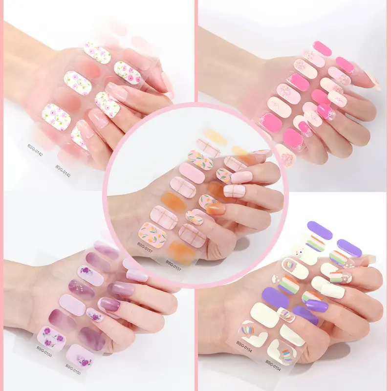 3D Laser French Type Non-toxic Semi Cured Gel Polish Nail Wrap Strips Uv LED Lamp Gel Nail Sticker with Wood Stick Nail File