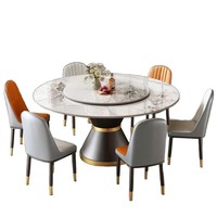 Table à manger moderne de luxe léger avec plateau en pierre frittée, plateau tournant Lazy Susan, base en bois doré, extensible 6 places Yartu
