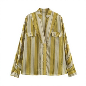 Chemise boutonnée en lin rayé pour femmes, manches longues, coupe ample décontractée, haut de printemps et d'été avec poches, col chemise - Product Image 4