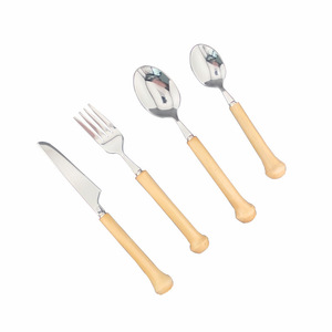Juego de cubiertos de acero inoxidable con mangos de bambú, cuchillo, tenedor, cuchara, vajilla occidental, utensilios de mesa - Product Image 1