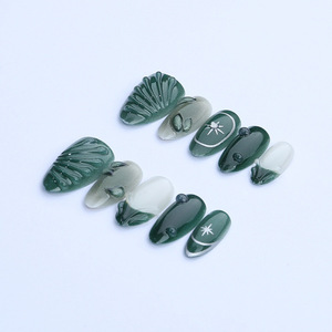 Lot de 24 faux ongles 3D vert ondulé effet œil de chat français, transparents, de luxe, en forme d'amande, pour salon ou DIY, à presser - Product Image 2