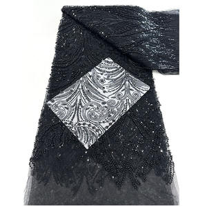 قماش دانتيل عضوي صديق للبيئة مزين بالخرز والترتر مع خيوط معدنية 300 جرام/متر لفساتين الزفاف والمناسبات الخاصة - Product Image 3