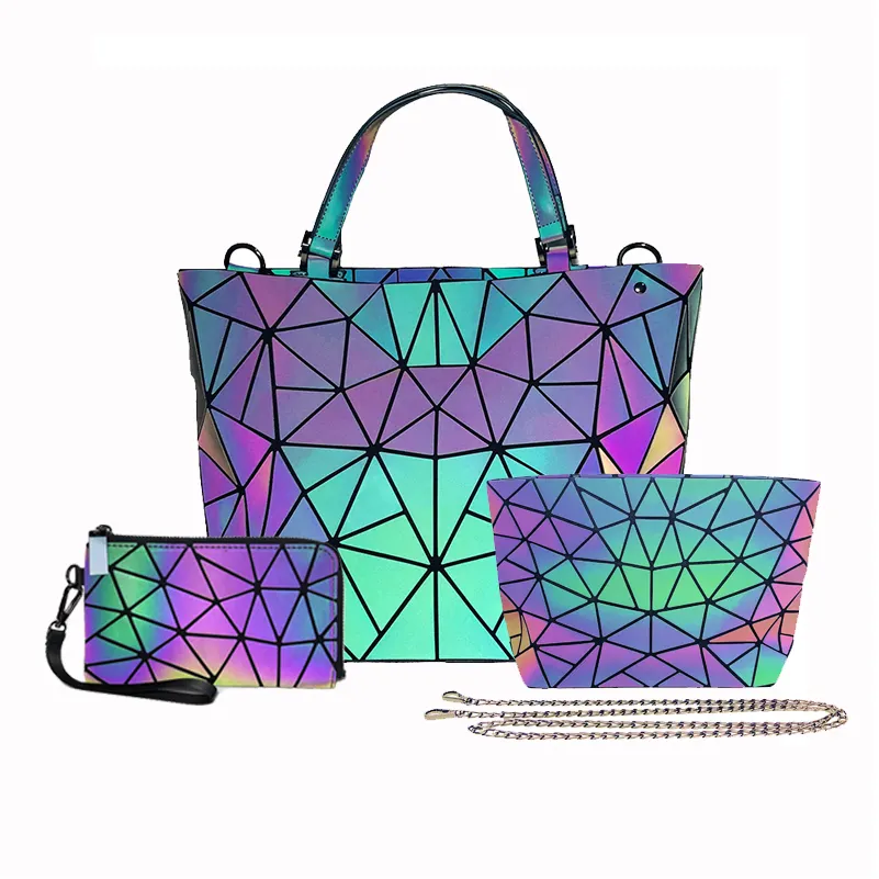 2024 New Design 3 PCS Set Brand Women Shoulder Purse Reflective Ladies Luminous Geometric Hand Bag