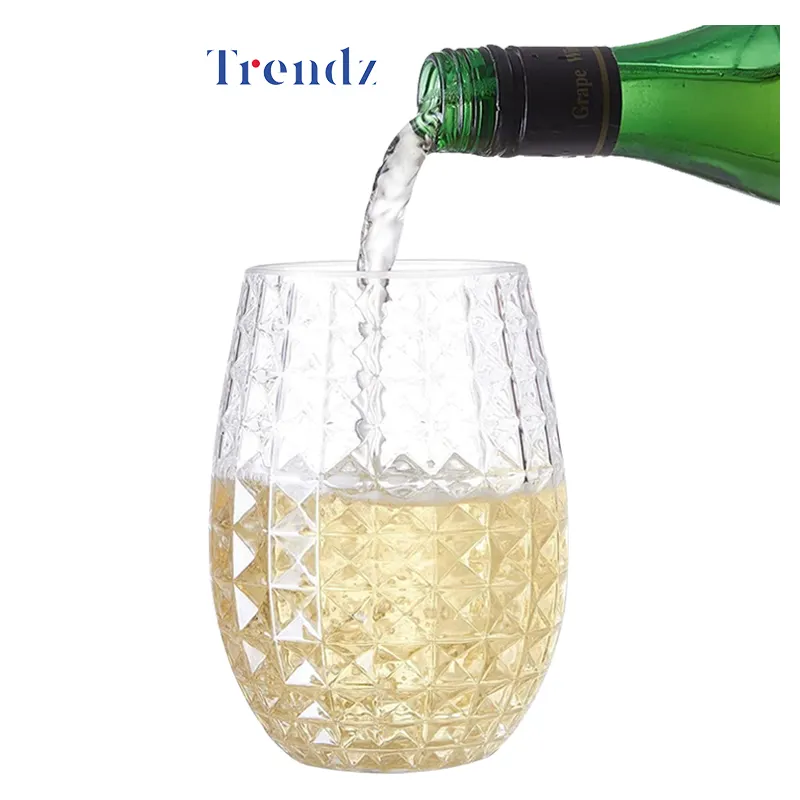 Custom Unbreakable Reusable 12oz Bulk PET Diamond Shaped Acrylic Cup Clear Plastic Stemless Wine Glasses