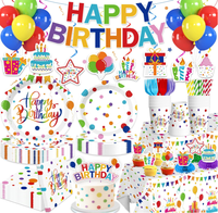 Fournitures pour fête d'anniversaire : Assiettes, gobelets, serviettes, nappes, décorations de gâteau, bannière suspendue, spirales, centres de table en nid d'abeille, vaisselle