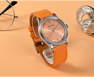 Reloj Mecánico de Lujo Personalizado de Acero Inoxidable con Esfera Color Salmón y Correa de Cuero para Hombre y Mujer - Product Image 4
