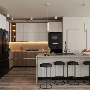 Muebles de cocina abiertos completos de lujo ligeros modernos, armario integrado impermeable de aluminio, armario de cocina de granito, comedor - Product Image 1