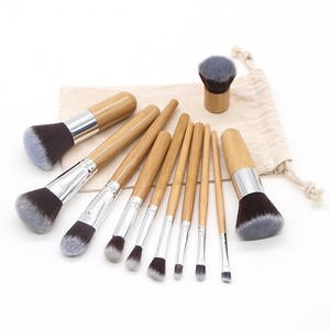 11 Piece Bamboo Handle Makeup <b>Brush</b> Set Synthetic Hair Face Cosmetic Tools With Linen Bag - Product Image 3
