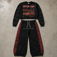 Ensemble décontracté pour homme personnalisé, haut à manches longues noir effet délavé avec motif véhicule et pantalon à cordon de serrage avec panne latérale rouge, OEM ODM