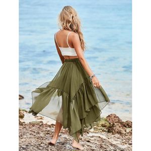 Fisoew Womens Boho Maxi <b>Skirt</b> Asymmetric High Low Hem Flowy Chiffon Long <b>Skirt</b> Summer Casual Ruffles <b>Elastic</b> Waist - Product Image 4