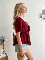Atasan Berongga Sederhana Kasual Kemeja Lengan Pendek Berlubang Produk Rajutan Kerah V Atasan untuk Wanita Kaus Wanita Ootd