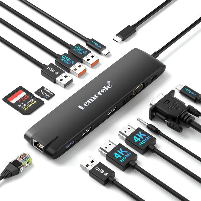 TC96 13 in 1 High-speed Type-C to Dual HDMI 4K 60Hz USB 3.0 1000M RJ45  VGA 3.5MM  USB Hub With 100W PD SD TF Card Slot