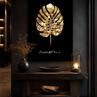 Décoration Murale en Verre Cristal Feuille Tropicale Dorée, Fond Noir, Panneau Botanique pour Salle à Manger, Salon, Intérieurs Art Déco