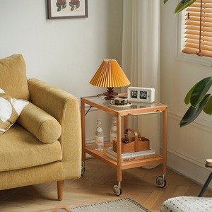 Solid Wood Coffee Table With Glass <b>Top</b> Movable Trolley For Living Room Small Apartment Japanese Style - Product Image 3