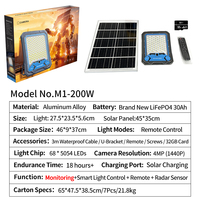 Projecteur solaire de sécurité 200W avec caméra 4MP, contrôle WiFi et application, télécommande et capteur radar, IP66, aluminium moulé sous pression pour extérieur