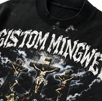 T-shirt à manches longues personnalisé avec étiquette privée, en coton épais, lavage minéral, pour homme, avec motif graphique Jésus, effet superposé, faux deux pièces