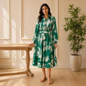 Factory Price <b>Women's</b> Green Printed Shirt Collar Full Sleeves <b>Belted</b> MIDI Dress Casual Daily Wear Clothing Comfortable Wear - Product Image 1
