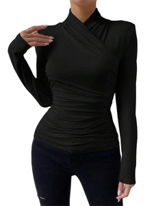 2024 Western décontracté plaine Sexy plissé haut court dames pull mince <span class=keywords><strong>basique</strong></span> col roulé chemise à manches longues <span class=keywords><strong>t</strong></span>-shirts haut pour les femmes - Product Image 5