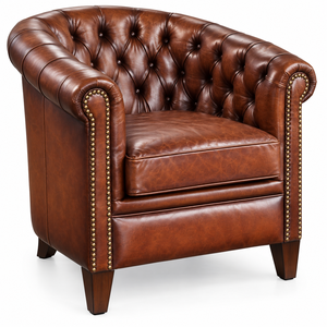 Fauteuil lounge élégant et classique en cuir capitonné marron avec finition richement capitonnée, assise profondément rembourrée et silhouette traditionnelle - Product Image 2