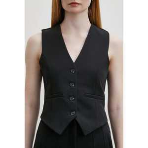 Chaleco con Copas Forradas, Traje Negro para Mujer, Chaleco con Decoración de Botones - Product Image 1