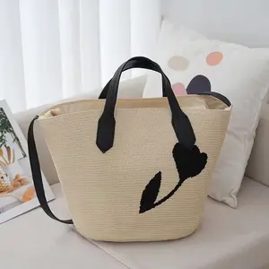 Niyang nuevo diseño verano papel paja playa viaje bordado OEM diseño grande Tote mujeres bolsos de hombro