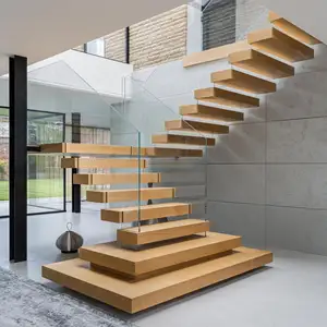 Floating Modern Staircase Indoor Invisible Steel Stringer Wood Stairs With Glass Railing