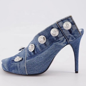 Women Buttons Denim Sandals Square Toe Stiletto High Heels Shoes Jeans <b>Slippers</b> on <b>Slides</b> Dress Mules - Product Image 4