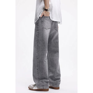 Jean droit rétro taille mi-haute à jambe large pour homme, style streetwear hip-hop américain, gris délavé, pour marque de mode urbaine - Product Image 3