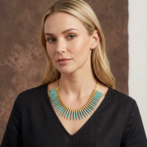 Boho Handmade Turquoise Spike Beaded <b>Statement</b> <b>Necklace</b> Gold Plated Brass & Stone Unisex Party Jewelry - Product Image 3