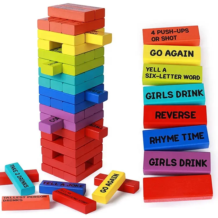 54 PCS Stacking Wooden Blocks with Customized Words Non-toxic Painted Tumbling Tower for Adults Night Party Game