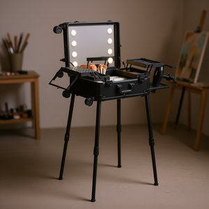 Estuche de maquillaje profesional con espejo iluminado, 4 bandejas, soporte para brochas, estuche de almacenamiento de cosméticos de aluminio para viaje, para uso en estudio artístico. - Product Image 2