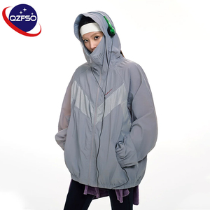 QZFSO Custom Streetwear Lightweight Mesh Zip up Windbreaker Breathable Quick-dry Polyester Sun Protection <b>Jacket</b> With Hood - Product Image 4