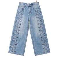 DIZNEW Jean Homme Bleu Clair Coupe Large 12 Rivets Concho Gravés Détail Fermeture Éclair Rangée Motif Floral Totem Gaufré Unisexe Luxe Streetwear Personnalisé OEM