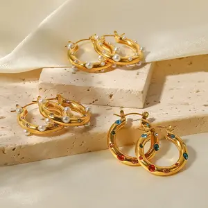 Wholesale 18K Gold Plated Stainless Steel Inlaid Pearl Earrings Zircon Chunky Women Fine Jewelry Earrings