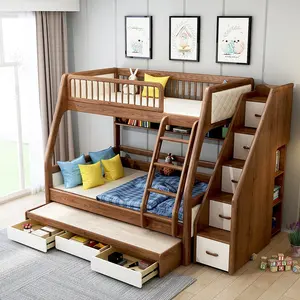 Conjunto de dormitorio seguro para niños, literas dobles de alta calidad con marco de madera moderno, con almacenamiento