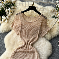 Robe longue décontractée pour femme, élégante, à manches courtes, ajourée, en tricot, coupe trapèze, pour le quotidien et les vacances