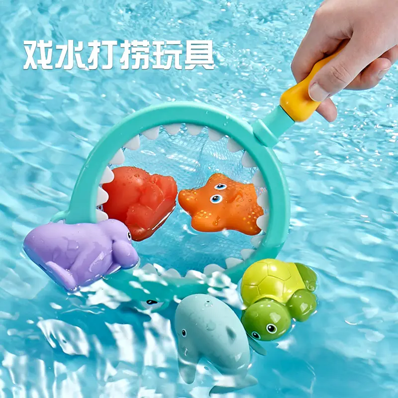 Hot Sell Baby En Peuter Bad Zeeleeuwennet Vishaaien Kinderen Dieren Knijpen Muziek Drijvend Water Speelgoed Spray Water Slak Set