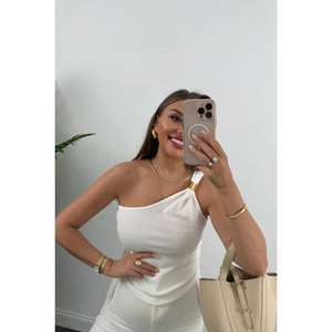 Blusa elegante de punto con un solo hombro para mujer, top elástico sin mangas minimalista, uso diario, color blanco - Product Image 3