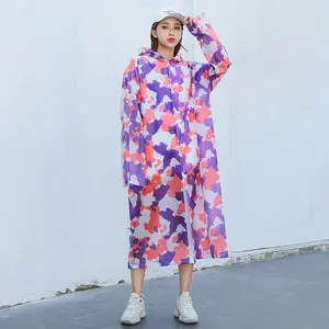 성인용 EVA 경량 비 판초 재사용 가능한 여성 남성 후드가있는 긴 위장 인쇄 비옷
