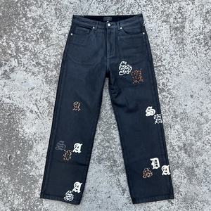 Jeans en denim ciré pour homme de haute qualité, logo personnalisé, style Y2K, taille plus, patchwork de fourrure, ample, droit, jambe large, noir - Product Image 1