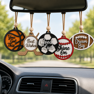 Colgantes de espejo retrovisor de madera estilo deportivo con forma de bola, letras de motivación y cordón de cuentas, decoración colgante para automóvil para aficionados al deporte - Product Image 1